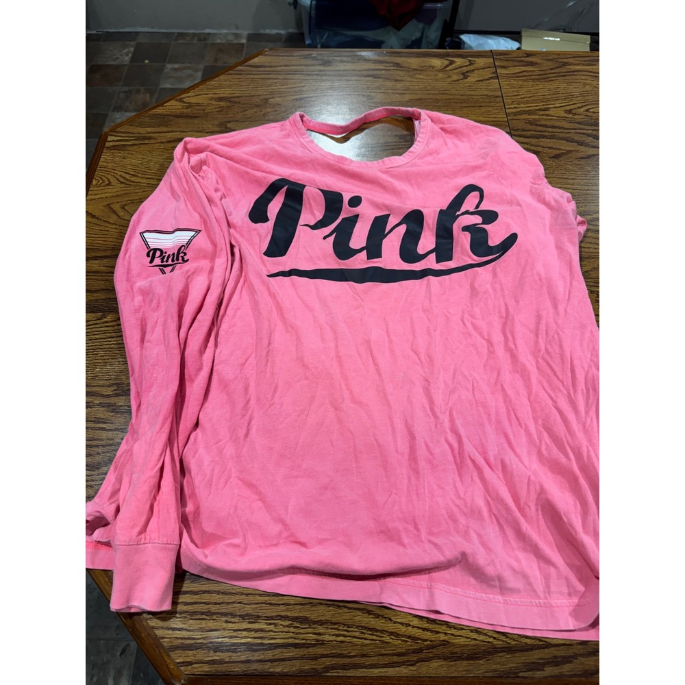 PINK Victoria's Secret Long Sleeve Graphic Tee Pink Open Back Large 1L29